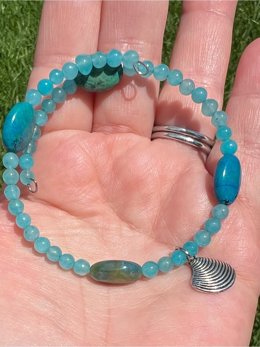 Turquoise Bead memory wire Bracelet and Earrings Set - Women Jewelry